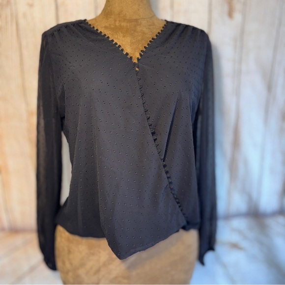White House Black Market Tops - White House Black Market Black Textured Dot Faux Wrap Blouse Sz L​​